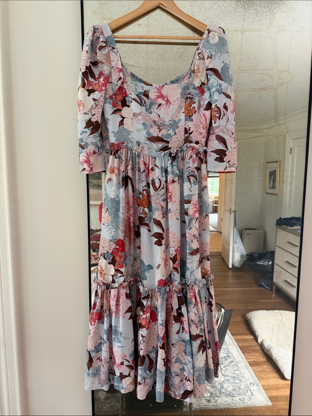 Cara Cara Floral Midi Dress in Light Blue with Pink and Brown Accents